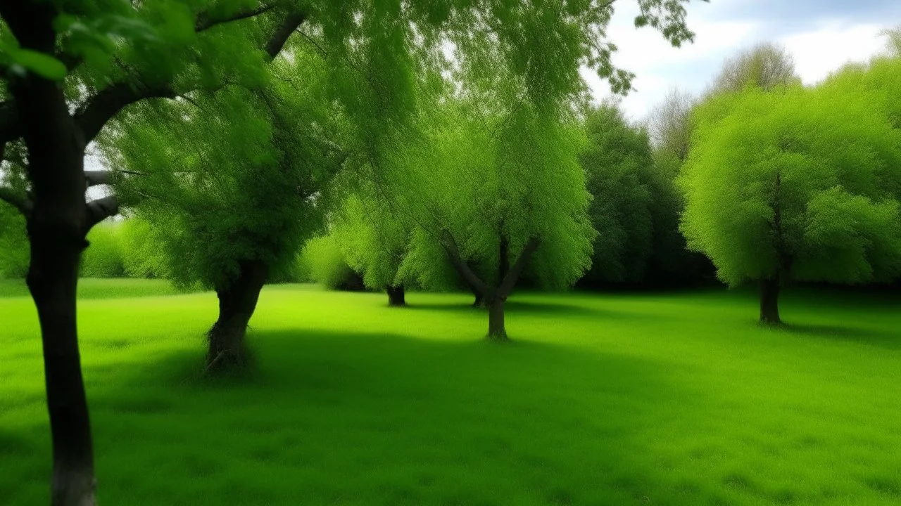 trees in the middle of the garden close to camera, apple tree on the left plum tree on the right cherry tree in the middle in the on the green grass