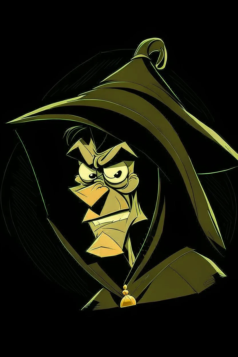 1970s goofy character of a pirate wearing a black hooded cloak, drawn in a early animation style, inside a lighter diamond shape on a black background, monochromatic