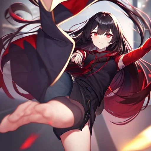 Clear focus,High resolution, black long hair, Vibrant red eyes, Emo, wearing a short skirt, kicking pose