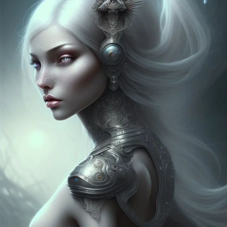 fantasy magic, intricate, sharp focus, illustration, highly detailed, digital painting, concept art, matte, masterpiece head sexy front view black blonde beauty space lady silver carp skin one head blonde space night