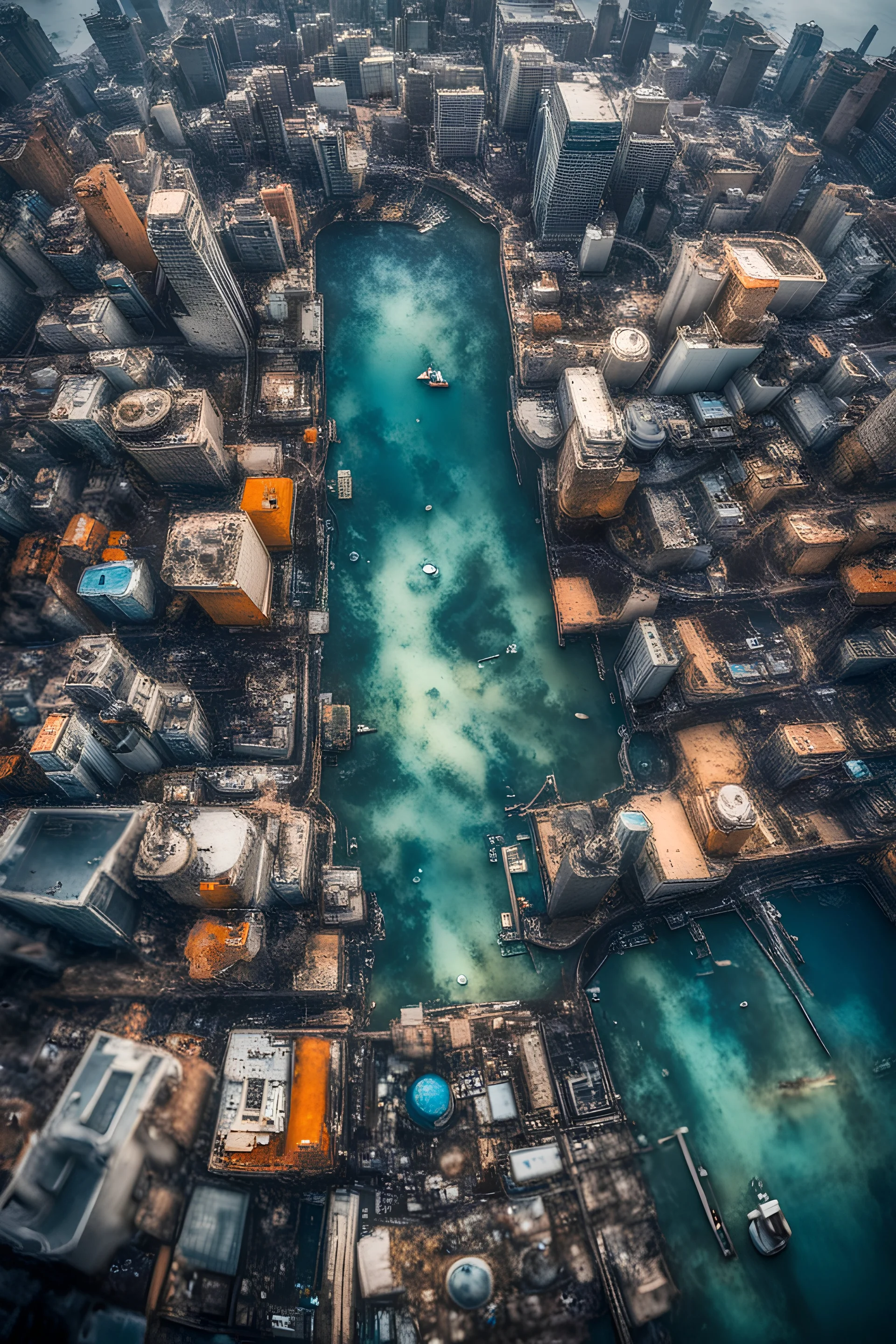 Junkpunk, city underwater, air view, macro photography,