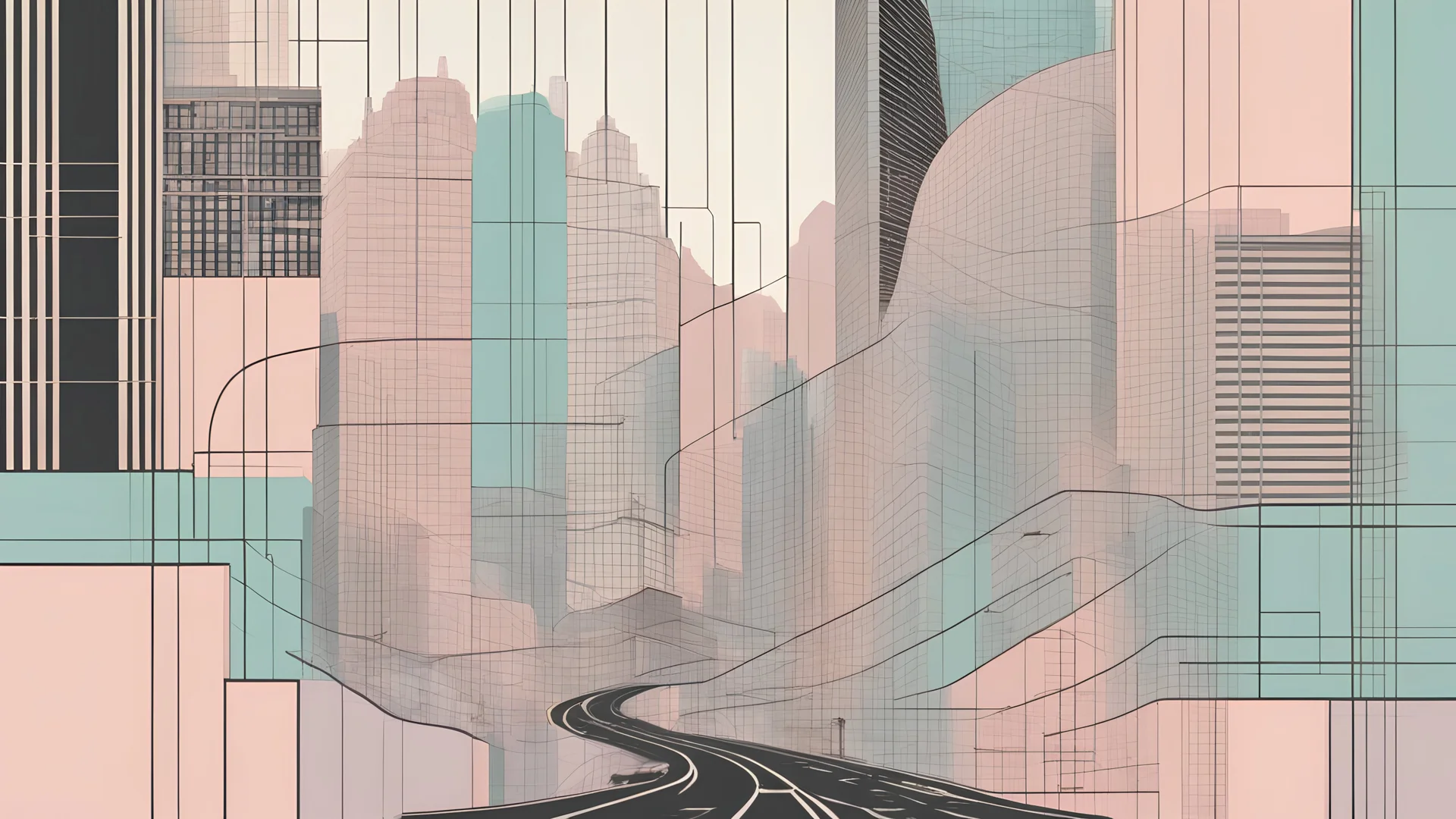 Combination curved black grid lines and pastel color blocks, like the curves of big city streets full of buildings and people on the move