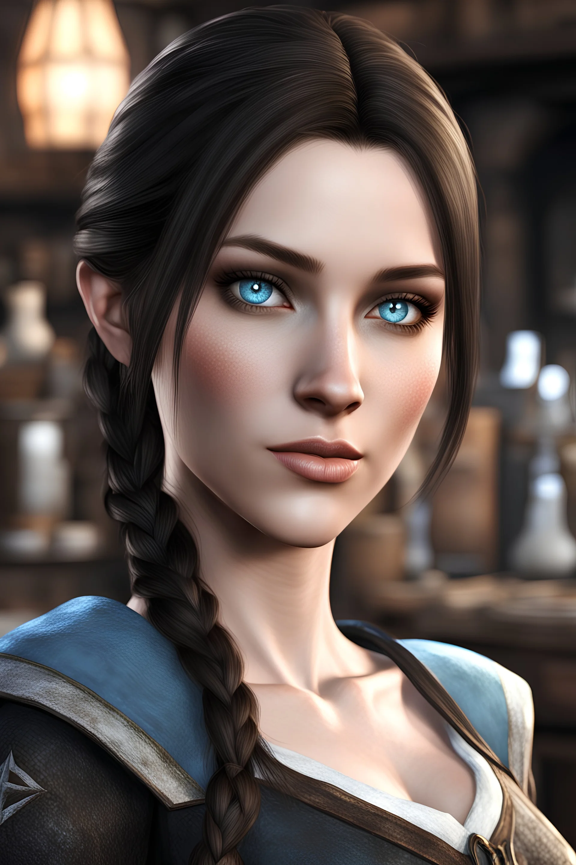 A female breton barmaid from Skyrim with light blue eyes, brunette