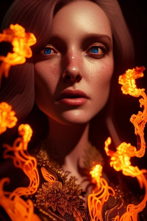 portrait of samantha prince set in fire, cinematic lighting, photorealistic, ornate, intricate, realistic, detailed, volumetric light and shadow, hyper HD, octane render, unreal engine insanely detailed and intricate, hypermaximalist, elegant, ornate, hyper-realistic, super detailed --v 4