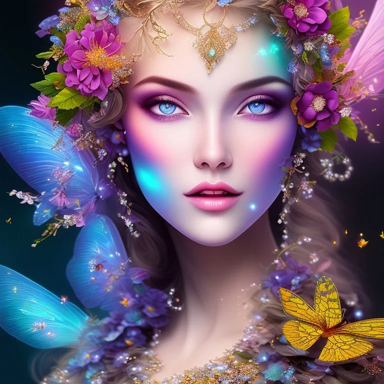 bright fairy, beautiful portrait, flowery landscape