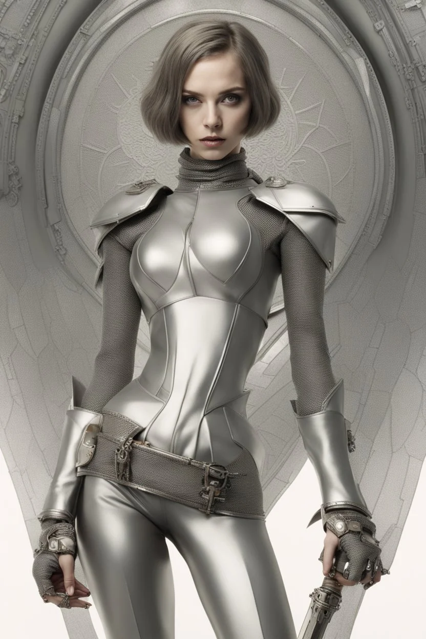 full body picture of a skinny woman with a bob, in silver armour, holding a curved sword, futuristic steampunk background