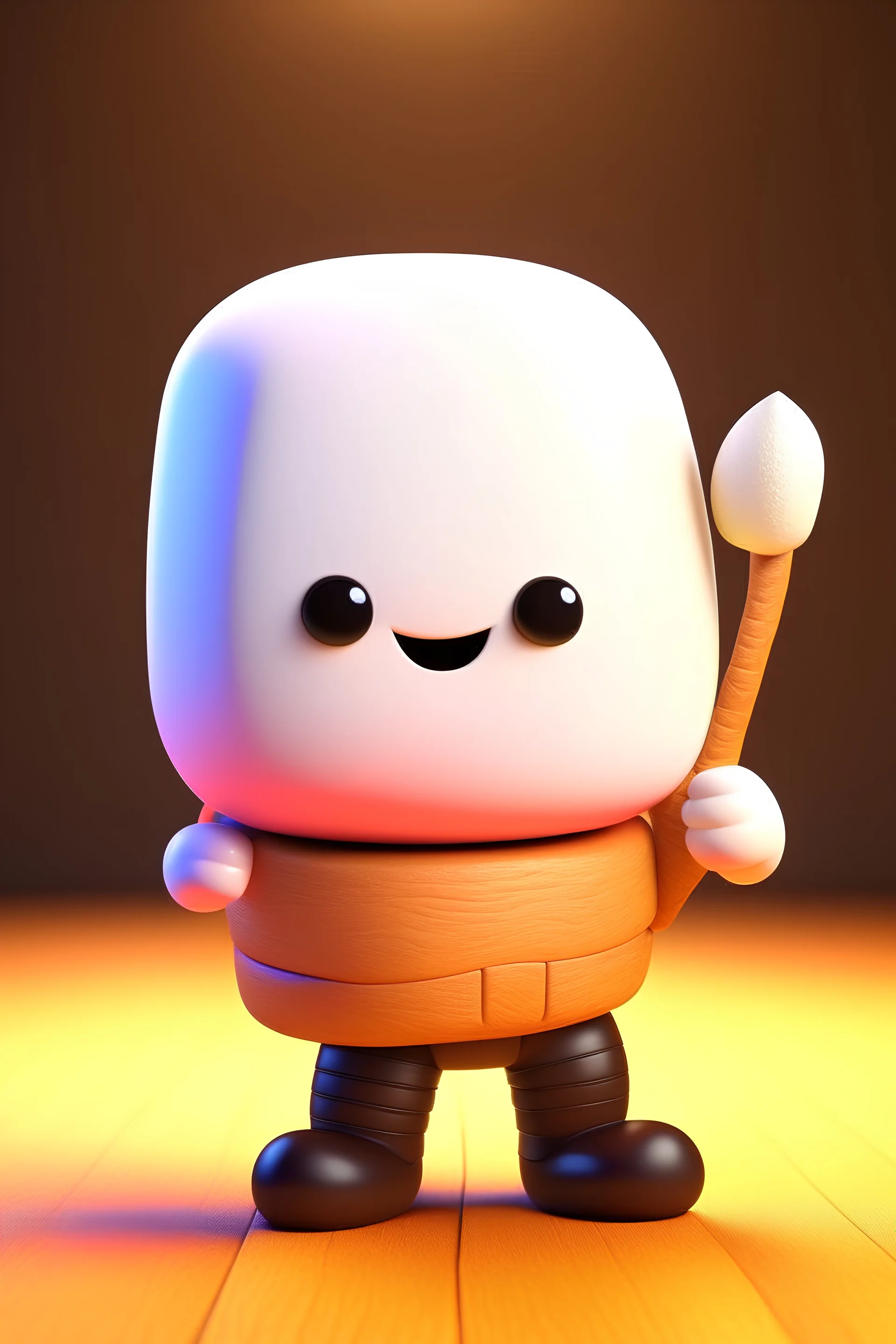 a cute marshmallow warrior illustration holding a wooden fork and a wooden shield, unreal engine, 3d art