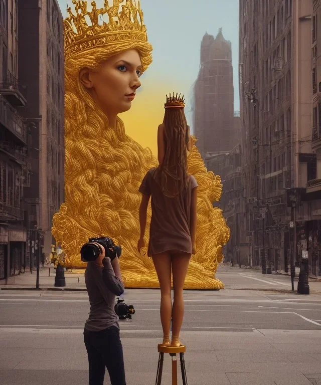 Statue of Queen of photography. Cute blonde woman. Photographer in golden crown. Standing on the street. Big camera in her hand. hyperdetailed, photorealistic, trending on artstation, greg rutkowski, beksinski, kodachrome, lomography, golden hour, bokeh, volumetric light