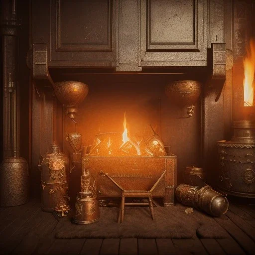 an viking fire place in old house, scary, steam punk, realistic, made in octane, cinematic, ultra-realistic, extremely detailed octane rendering, 8K, VRAY Super Real ar 2:3, dof photorealistic futuristic 50mm lens hard lighting dark gray tintype photograph, realistic lighting, sepia color