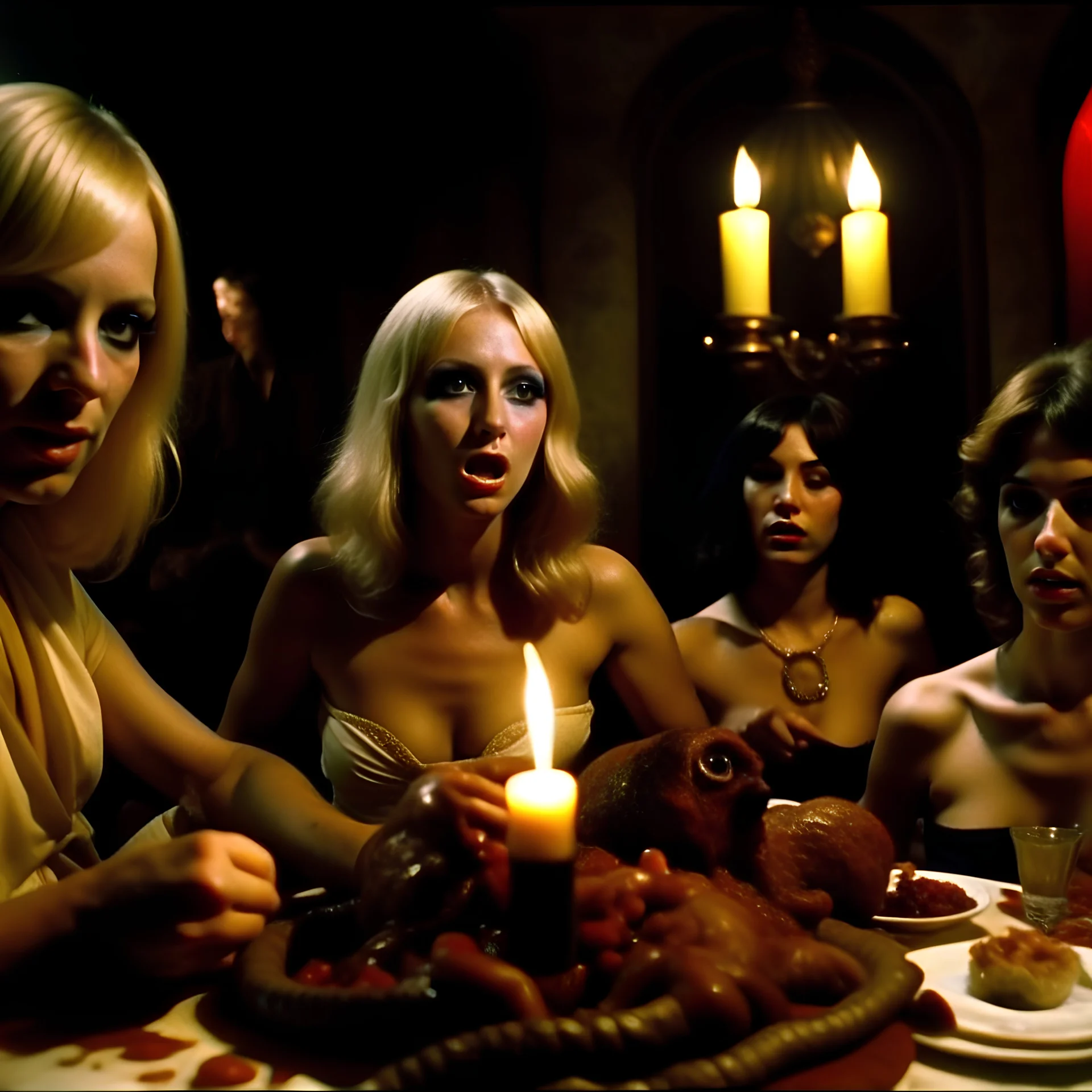 Horror movie shot, spooky, ultra realistic, distress, dine, horns, ultra realistic hot blonde women, party, pieces of meat, organs, ail dynamic, anguish, very excited people, hypermaximalist figures, light, 1970's Italian horror movie, sinister, John Carpenter, Dario Argento, Stanley Kubrik, ornate, 4k, photorealism