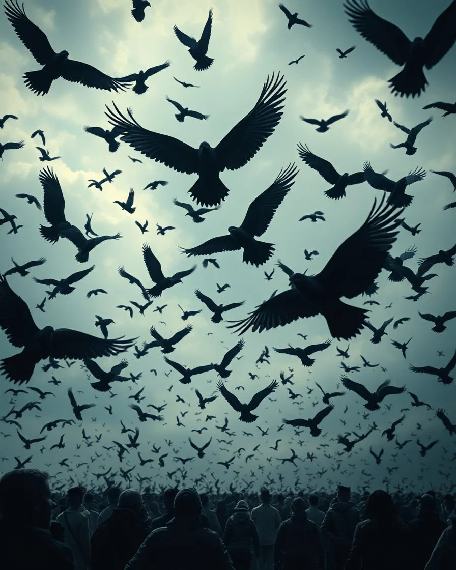 Bosch, nightmare , people in hell , dramatic, great quality picture with cinematic scenes , clouds in the background, black birds fill the backgrounds black birds hovering in circles, black birds small from a distance covering the whole background, people are running in fear the birds attacking the people and took them in the crowded sky
