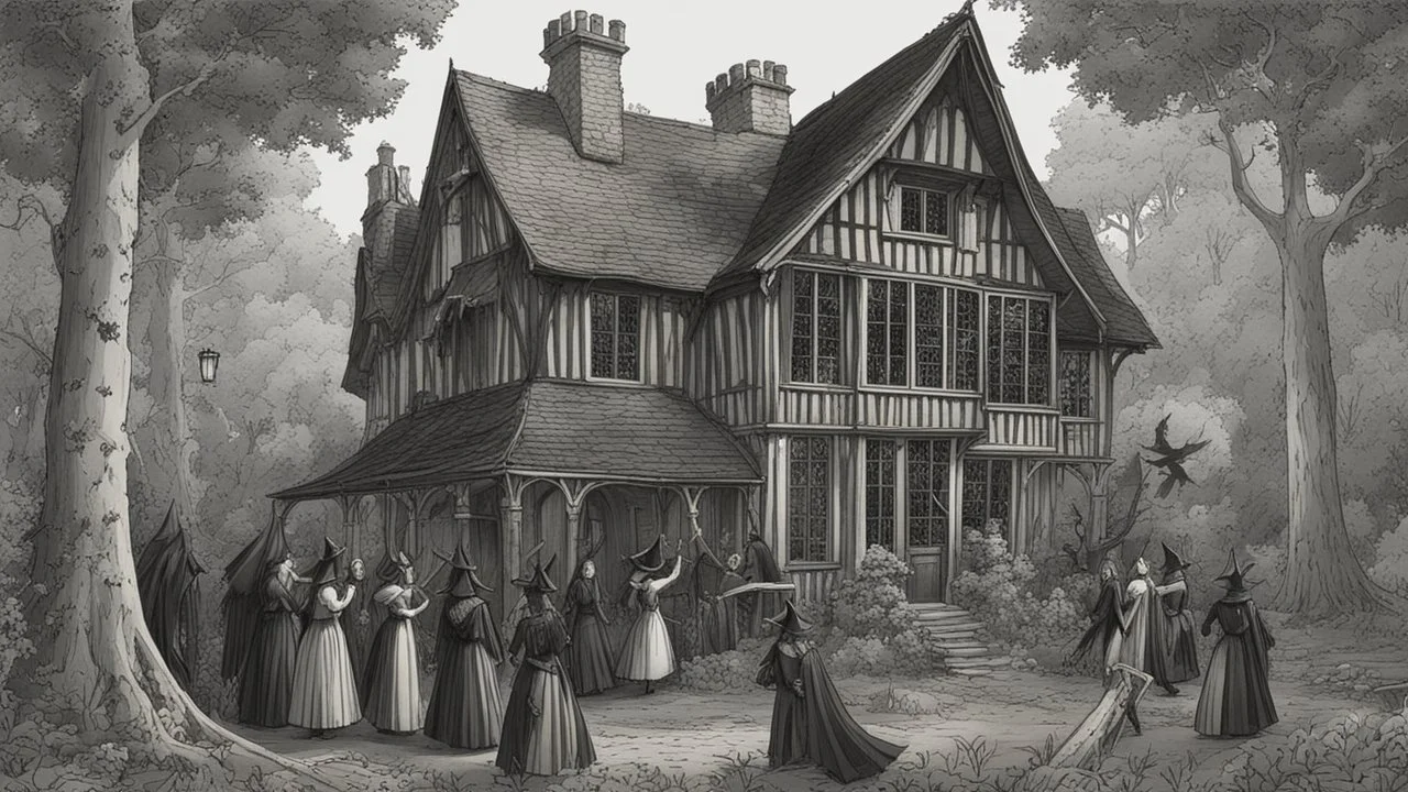 A gothic woodland house with a coven of witches dancing in front of it.