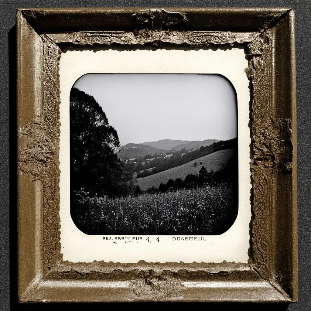 Daguerrotype frame old landscape odd creepy grey obsessive nostalgia weird old postcard landscape, cespugli, rovi, sfocato, sentiero, osceno, dettagli della cornice molto accentuati, polvere