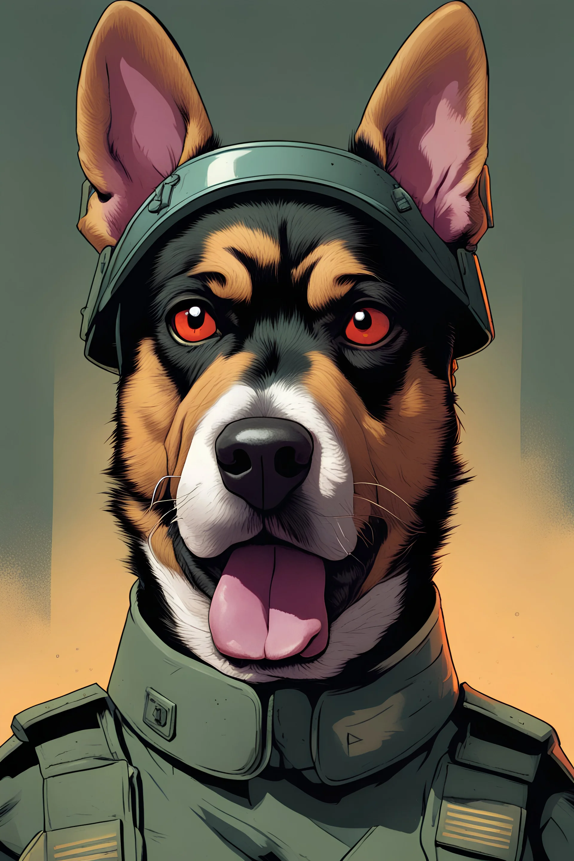 A soldier dog dressed in military combat uniform, digital illustration portrait, dog's face is snarling, aggressive, angry, Craig Miller , futuristic, pulp fiction graphic novel style