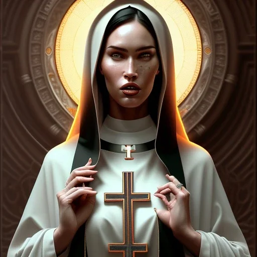 portrait of megan fox as a sultry nun, catholic, church, bible, christian, intricate, headshot, highly detailed, digital painting, artstation, concept art, sharp focus, cinematic lighting, illustration, art by artgerm and greg rutkowski, alphonse mucha, cgsociety