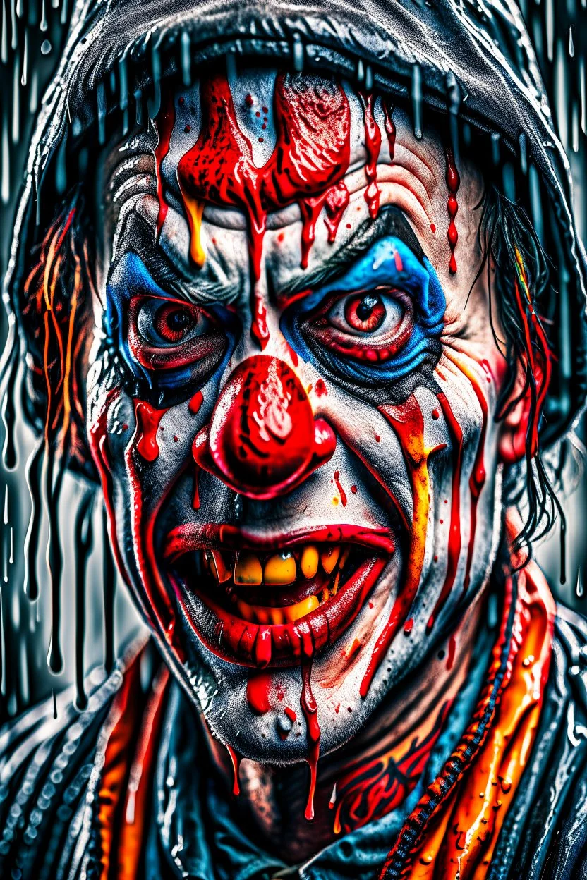 ultra detailed and highly realistic image of a gothic, scary clown, close up of him standing in the rain, the rain messed up his face makeup as it smudged of his face, chaotic, dramatic upclose view, 32k, splatter paint style