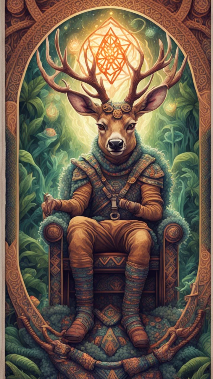 mandala style framed playing card illustration, close up portrait of a happy blessed ancient magical scaly slimy weird deer mad max soldier posing for photo shoot on a throne, holding a burning sceptre, in a space alien mega structure with stairs and bridges woven into a sacred geometry knitted tapestry in the middle of lush magic jungle, bokeh like f/0.8, tilt-shift lens 8k, high detail, smooth render, down-light, unreal engine, prize winning