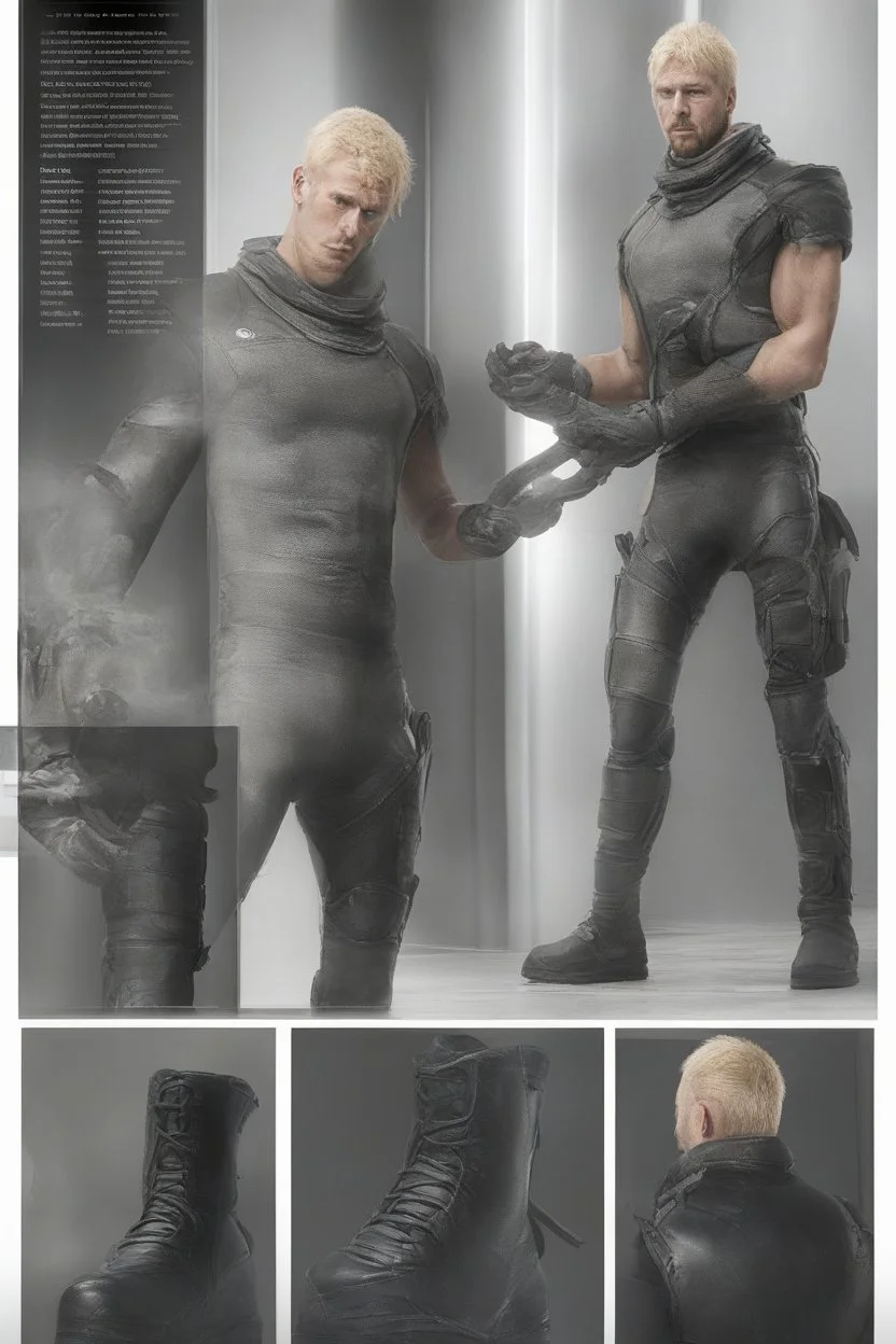 ProtoVision - Absolute Reality - Realism Engine XL - PhotoReal, a man, 6'7.5'' tall, 310 lbs, blonde hair, long, extremely muscular, skintight, formfitting jumpsuit, knee-high black leather combat boots, red diamond on the chest