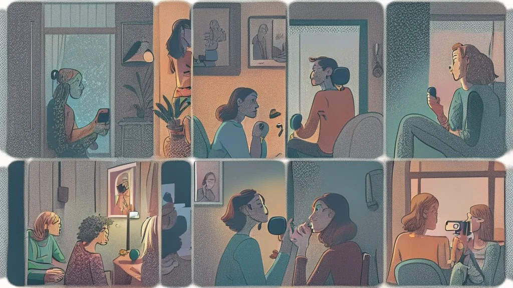 8 panels showing 8 different people in their house talking on the phone in a 12-step meeting