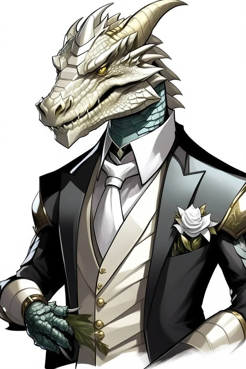 A silver Dragonborn from dnd wearing a tuxedo