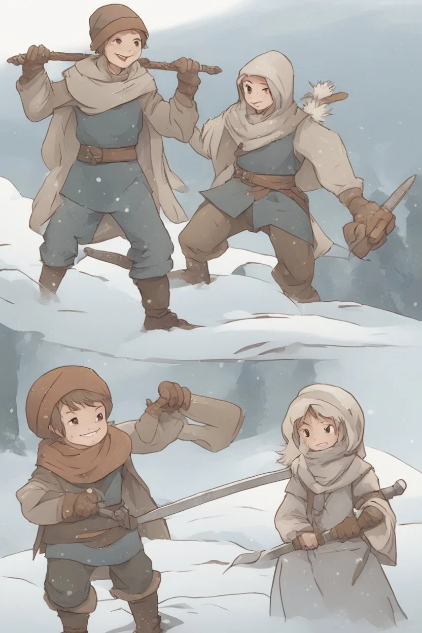 DnD style, two medieval peasant kids playing in the snow, female age 14 and male age 15, happy and playful, he has a short sword.