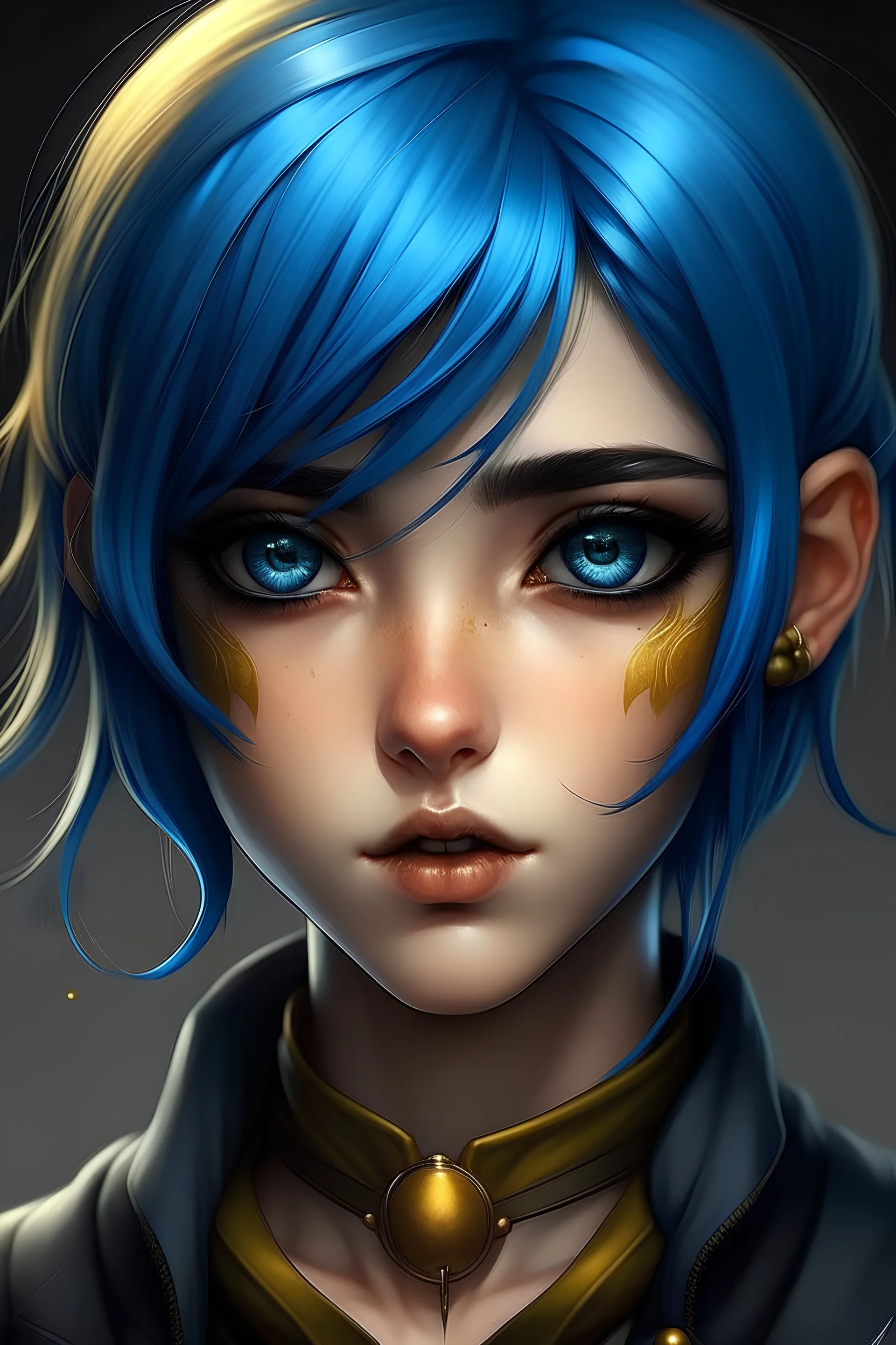 Realistic anime art style. A eye-catchingly dressed blue-haired college girl. Her left nostril is pierced with a large black steel stud. Her eyes are marked with black eyeliner. Her lips are painted with matte black lipstick. She has gold-beige skin and brown eyes, and her short electric blue hair is neatly combed. She is wearing a fitted black button-up shirt, a mid-length white skirt, and dark blue combat boots with black laces