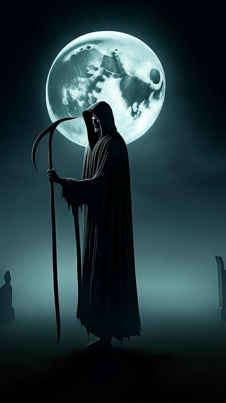 mysterious, hooded figure with a scythe, standing in a misty graveyard under a full moon. The figure should be shrouded in darkness, with only the eerie glow of their eyes and the blade of the scythe visible.