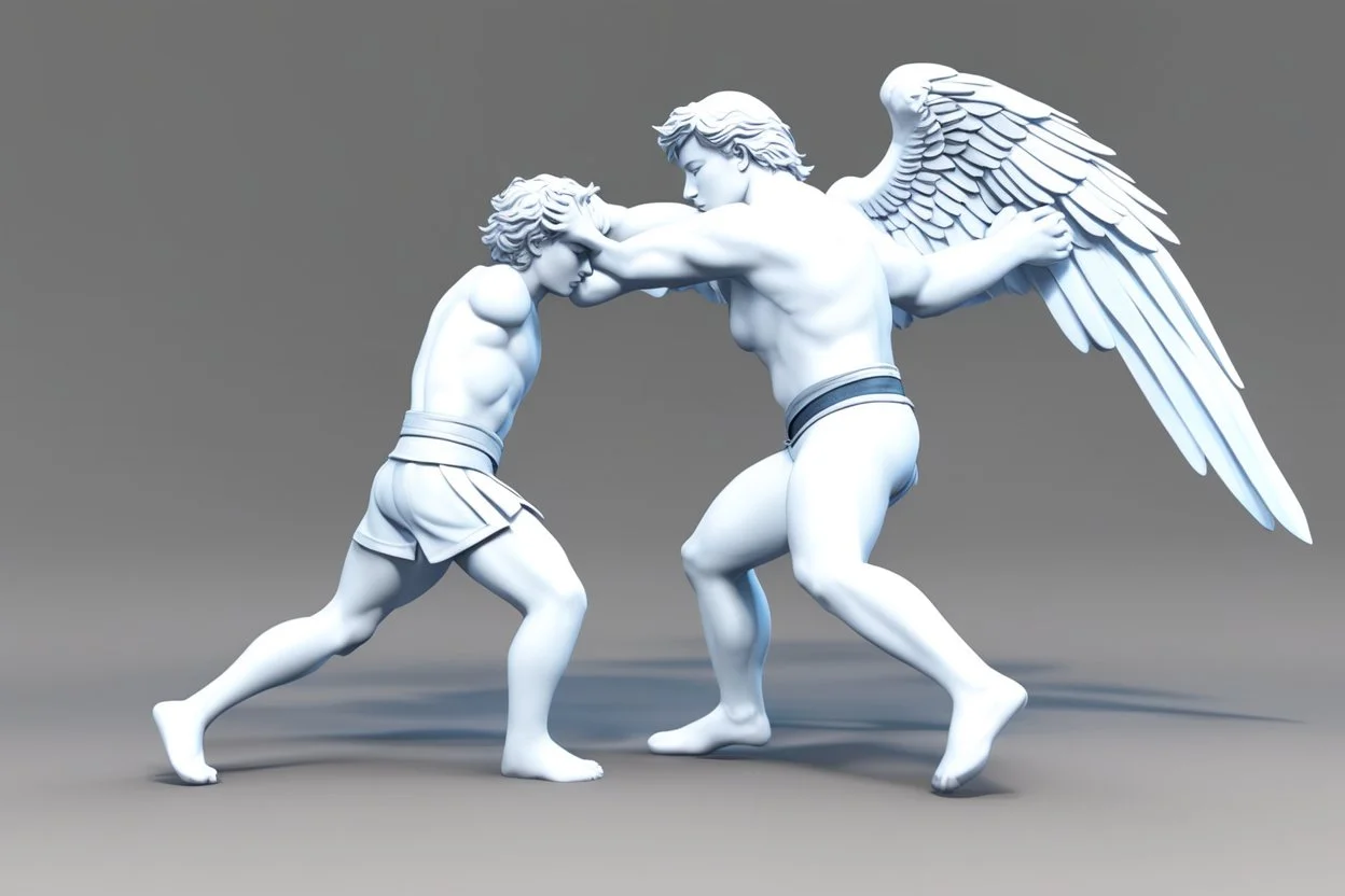 In 3d Mikros animation style. Jacob wrestling with angel.