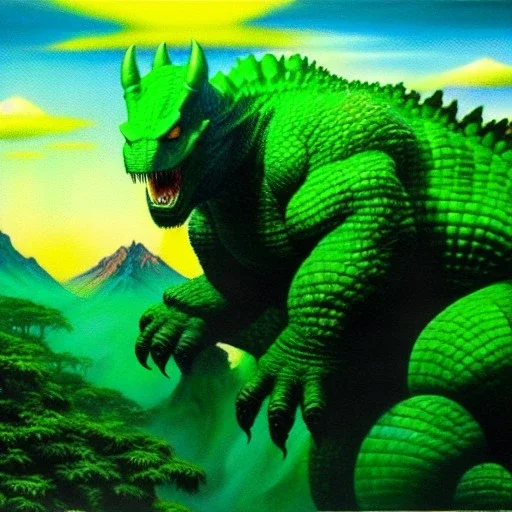 Drawing of ' Green Godzilla', painting by Earl Norem, simon Bisley,frazetta,西嘛哒, evan lee, Vallejo,kelly oil on canvas, cinematic composition, extreme detail,fit full head inside picture,8k