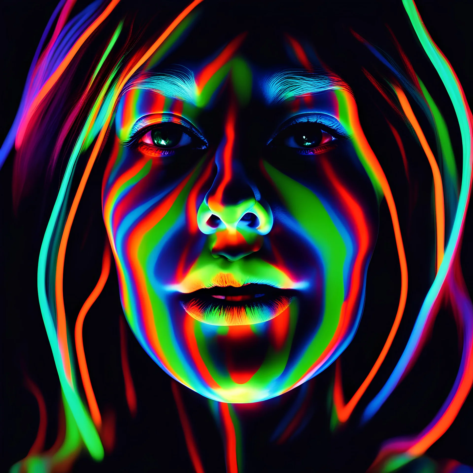a portrait photograph of luminescent colors wavy lines completely covers a woman's face like topographical curves , head bust, pure black background, 35 mm photo, neon light like in tron, highly detailed, glow, sharp focus, colorful