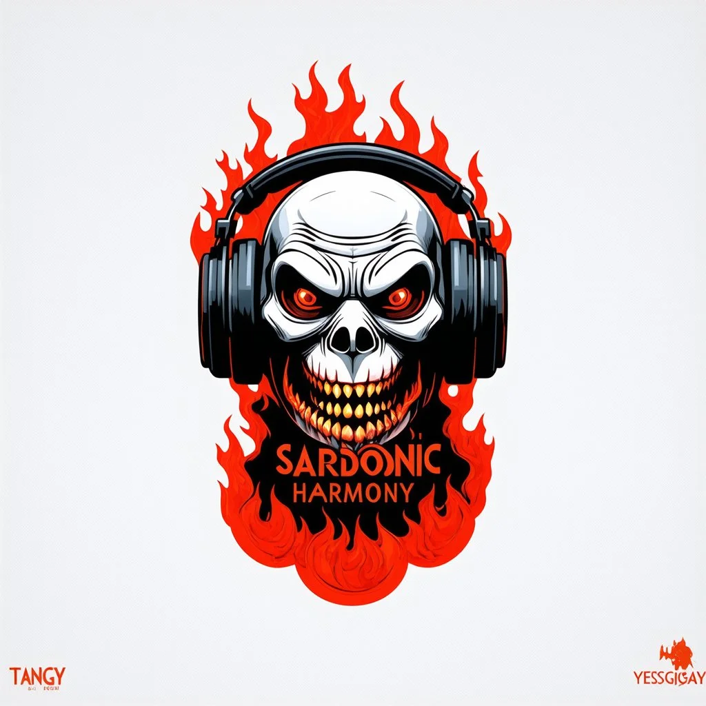 minimalist logo for rock band orange text "SARDONIC HARMONY" in a futuristic robotic font, sinister evil marshmallow head with headphones and red flames, horror, dark negative space, by Yves tanguy and H.R. Giger