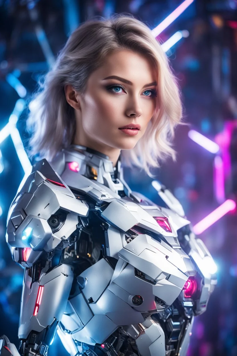 Realistic Photography halfbody super model Russian beautiful woman as cyborg with body full gundam robotic,light disco background