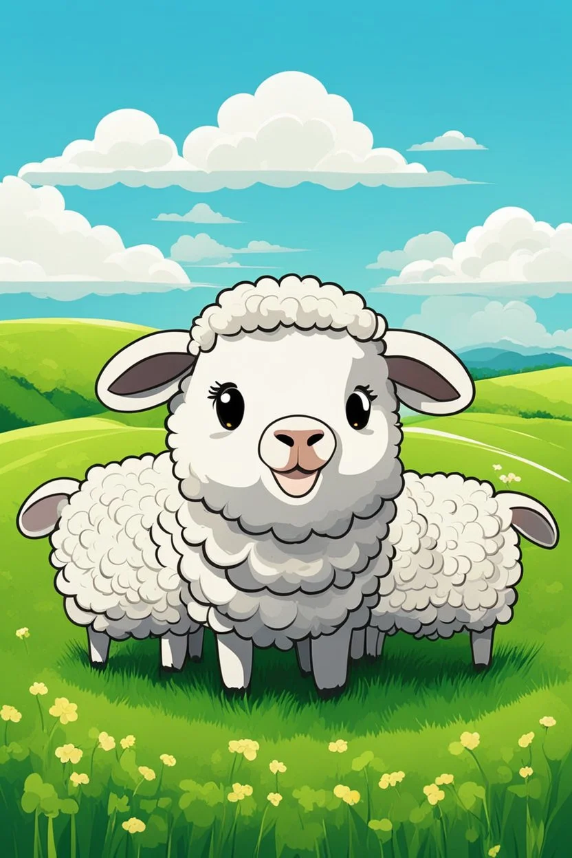 create an image with 4 sheep with the typography, happy face "sheep of faith", 2d, cartoon style, chibbi, kawai, a green field and blue sky in the background