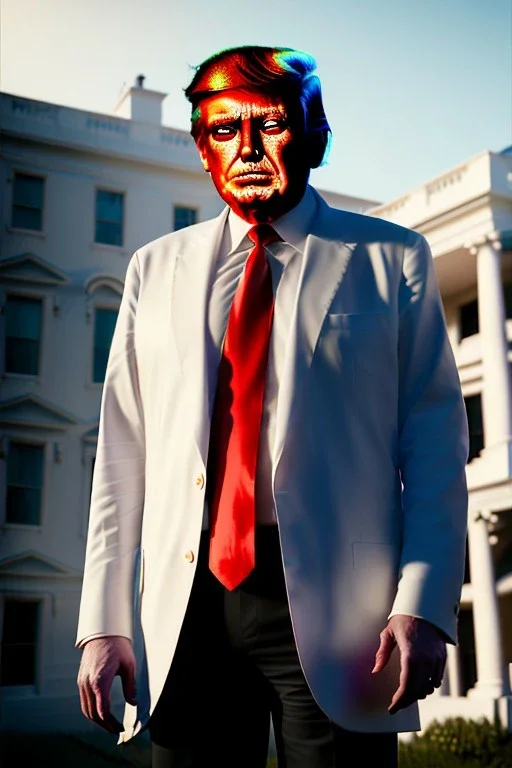 Ultra realistic image night, Donald trump zombie, suit, blood, torn arm, night, the walking dead style, dark ambient, highly detailed, White House background, concept art, unreal engine 5, ray tracing, RTX, ultra detail, volumetric lighting, high definition, high resolution.