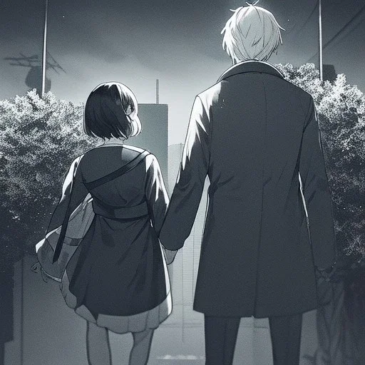 anime couple with day on one side night on the other, stormy night on one half, sunny day on the other half,ballancing scale, couple is standing back to back, image is half color and half black n white.