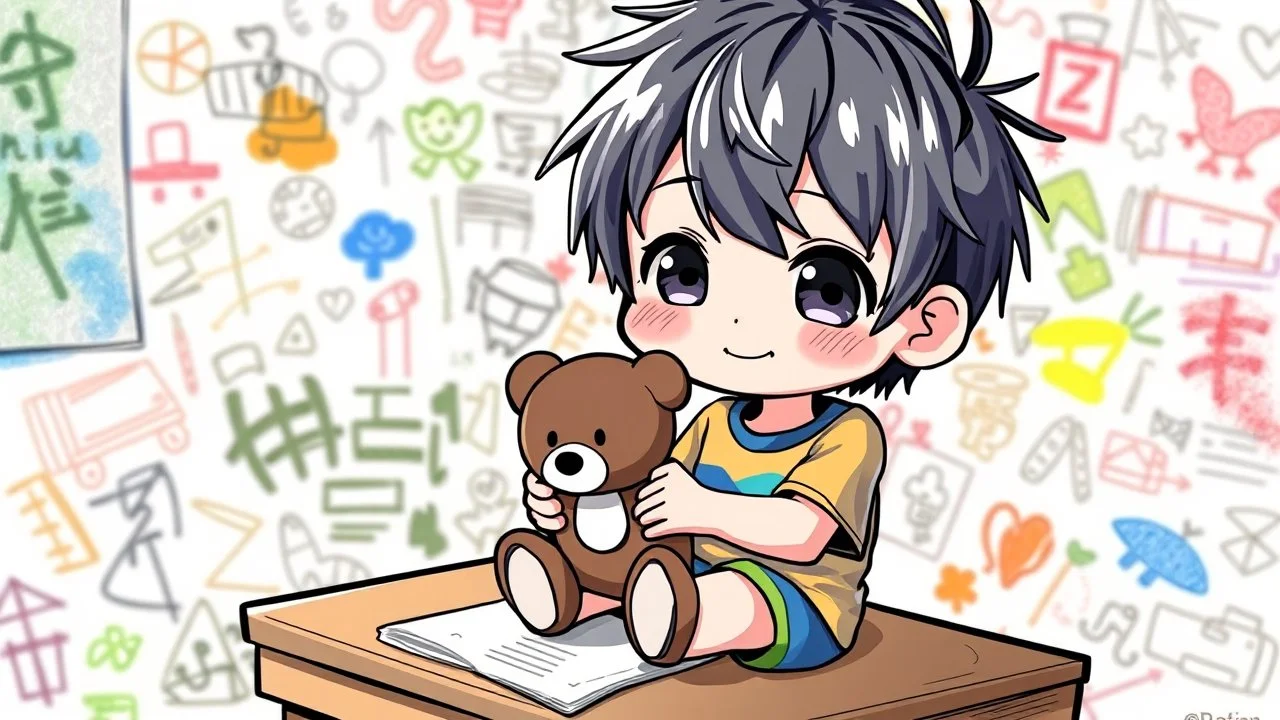 detailed digital art style, cute anime, detailed chibi face with smile, sitting on school desk in hand a bear toy, in colorful t-shirt and short paint, , messy hair random drawing background, child book style, highly detailed, no photorealism