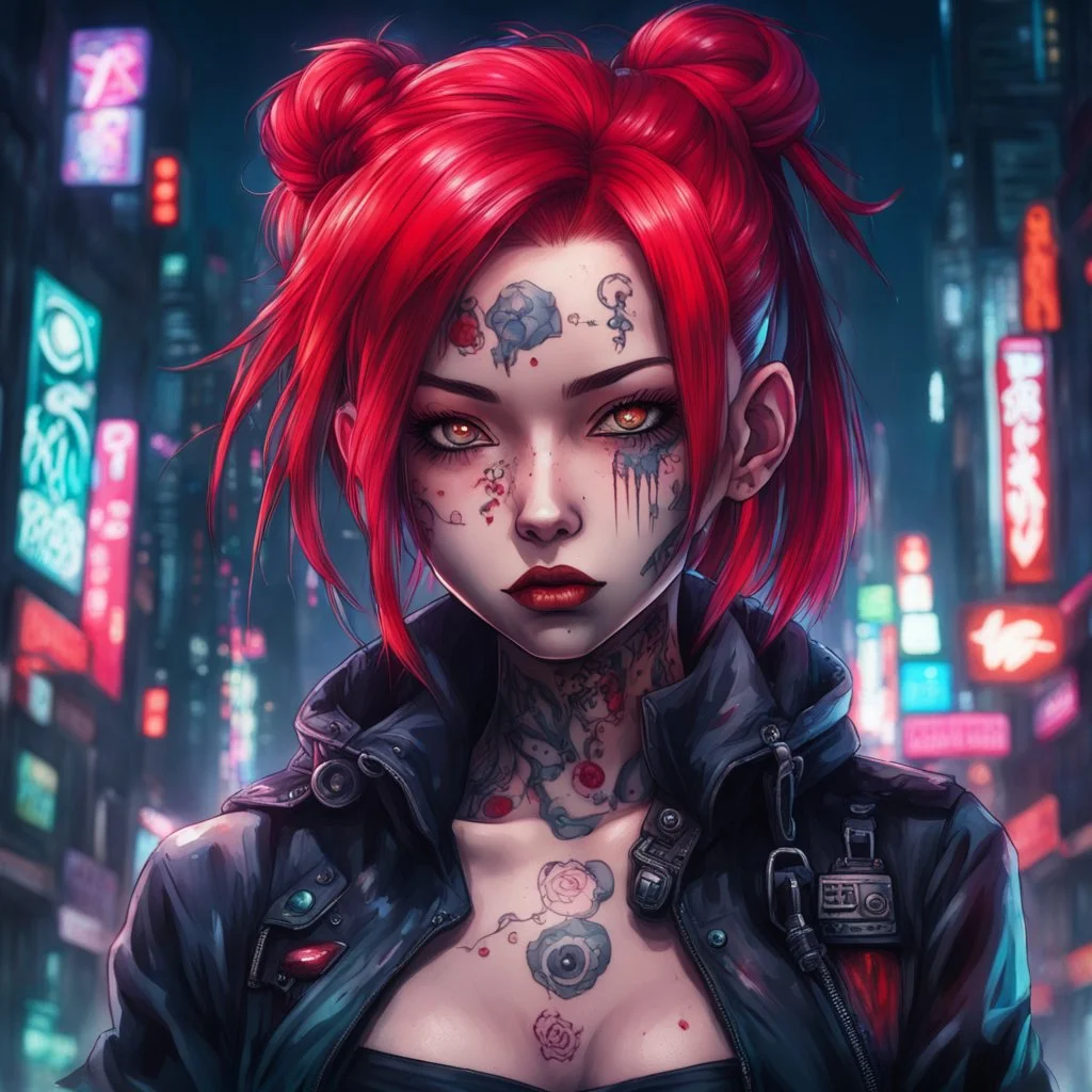 Darksynth,horror,Judy Alvarez,anime cyberpunk girl, eye shadows, arasuka, cyberpunk night city, piercing, gang tatto, red hair