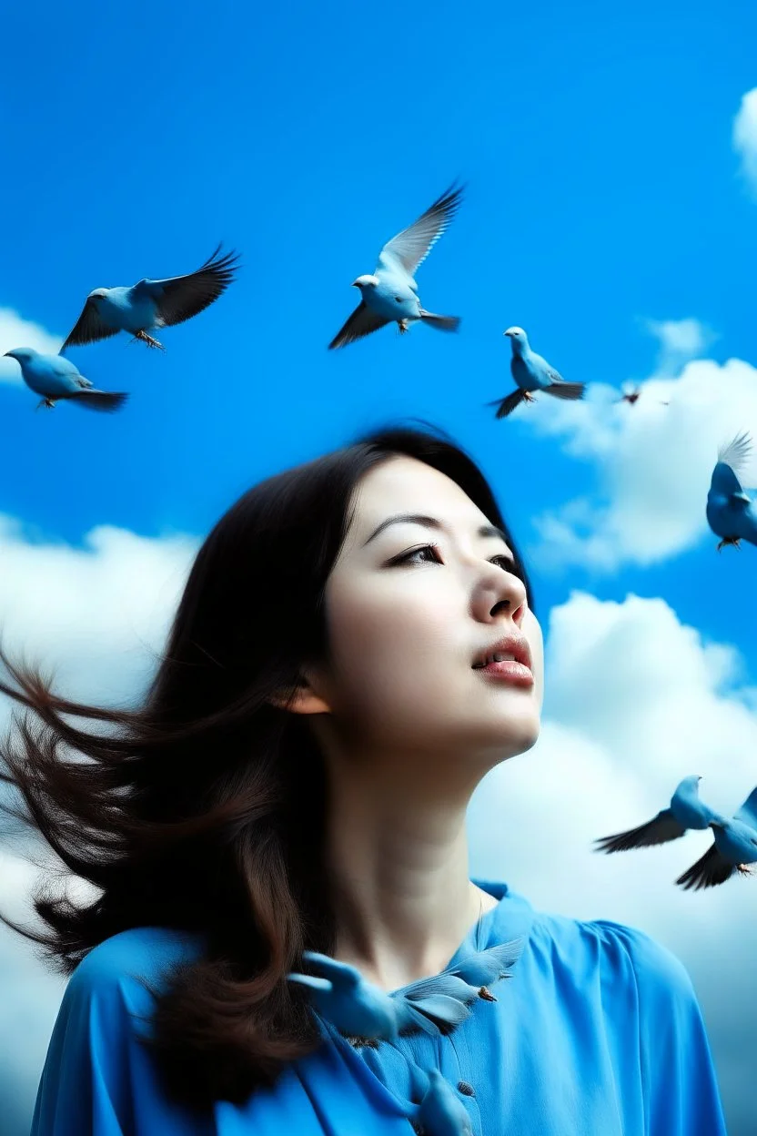 woman birds sky blue