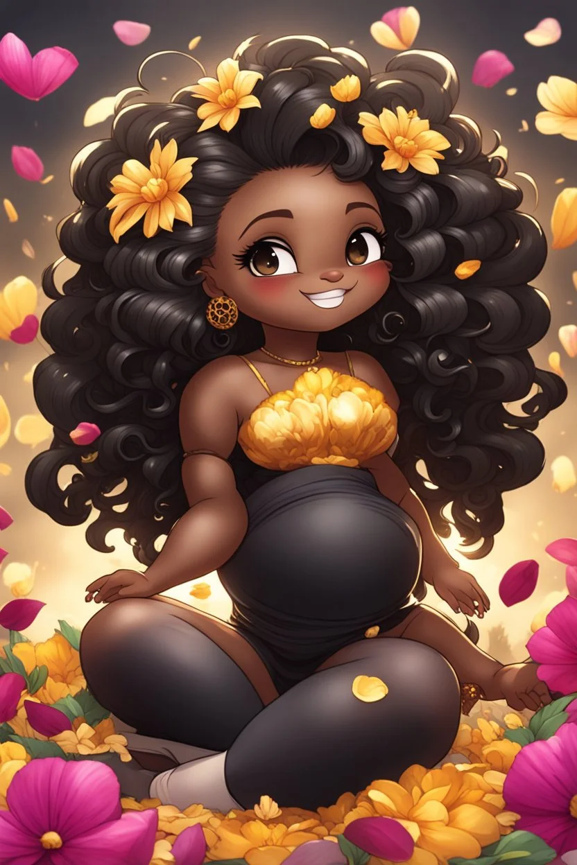 A sassy thick-lined airbrushed cartoon black chibi girl lounging lazily on her side, surrounded by flower petals. She has a golden lion tail curling playfully behind her curvy body. Looking up coyly, she grins widely, showing sharp lion teeth. Her poofy hair forms a mane framing her confident, regal expression.