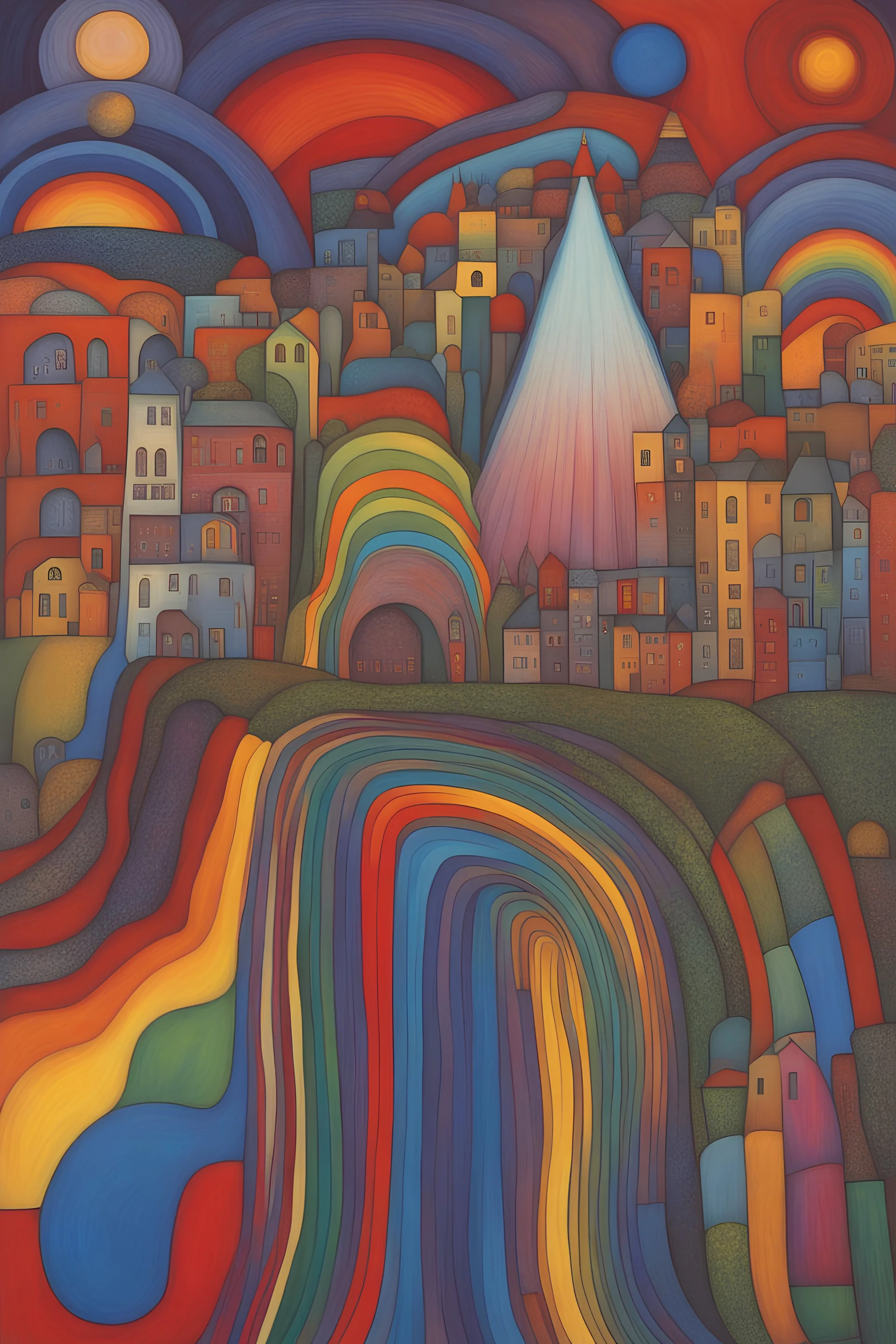 Each human has a unique color frequency in the rainbow spectrum that needs to surrender to the white light beam to exit from the prism; neo-surrealism; Hundertwasser.