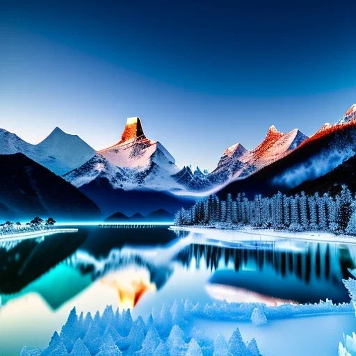 A small frozen crystal blue lake centered around snowy himalayas mountains, high resolution, realistic, beautiful, volumetric lighting, colorful, masterpiece, crystalline,dawn,cloudy, detailed, aerial view, 8K, intricate details, cyberpunk, cosmic