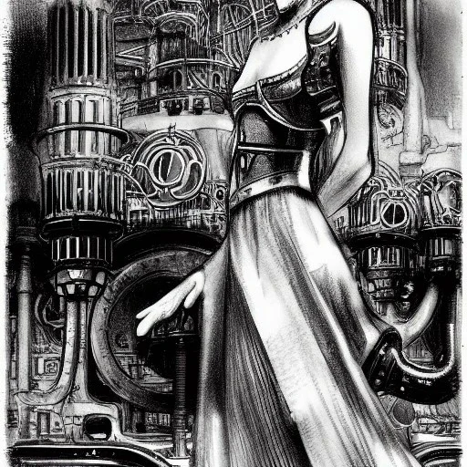 great illustrator, spanish, pencil sketch of a cute girl, beautiful, steampunk syle, black and white. Helmet with tubes. venetian style. Machinery in the background. robotic bird fkying. High details.