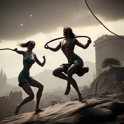 Two women skipping with a rope, demons and angry gods fight in the background, in the style of a Michael Moorcock book cover.