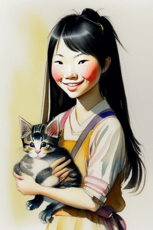 A cute smiling asian girl is holding a kitten. Watercolour