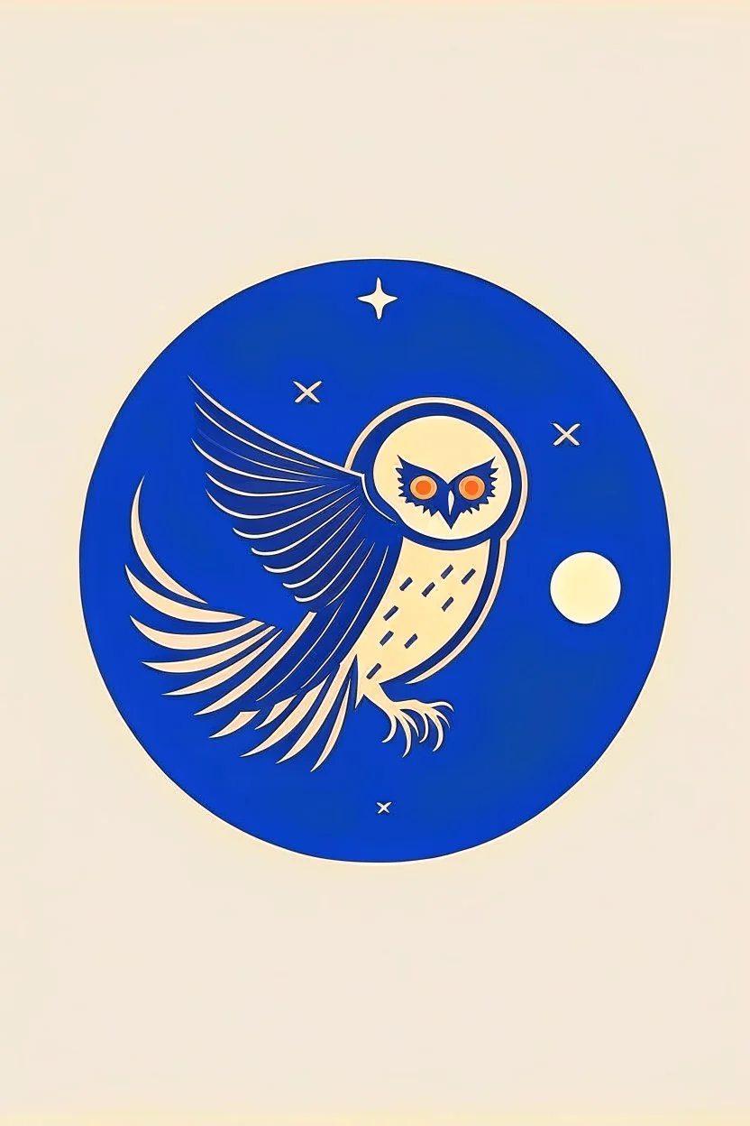 A brand logo with one owl flying with the moon behind. Minimalist and stylized