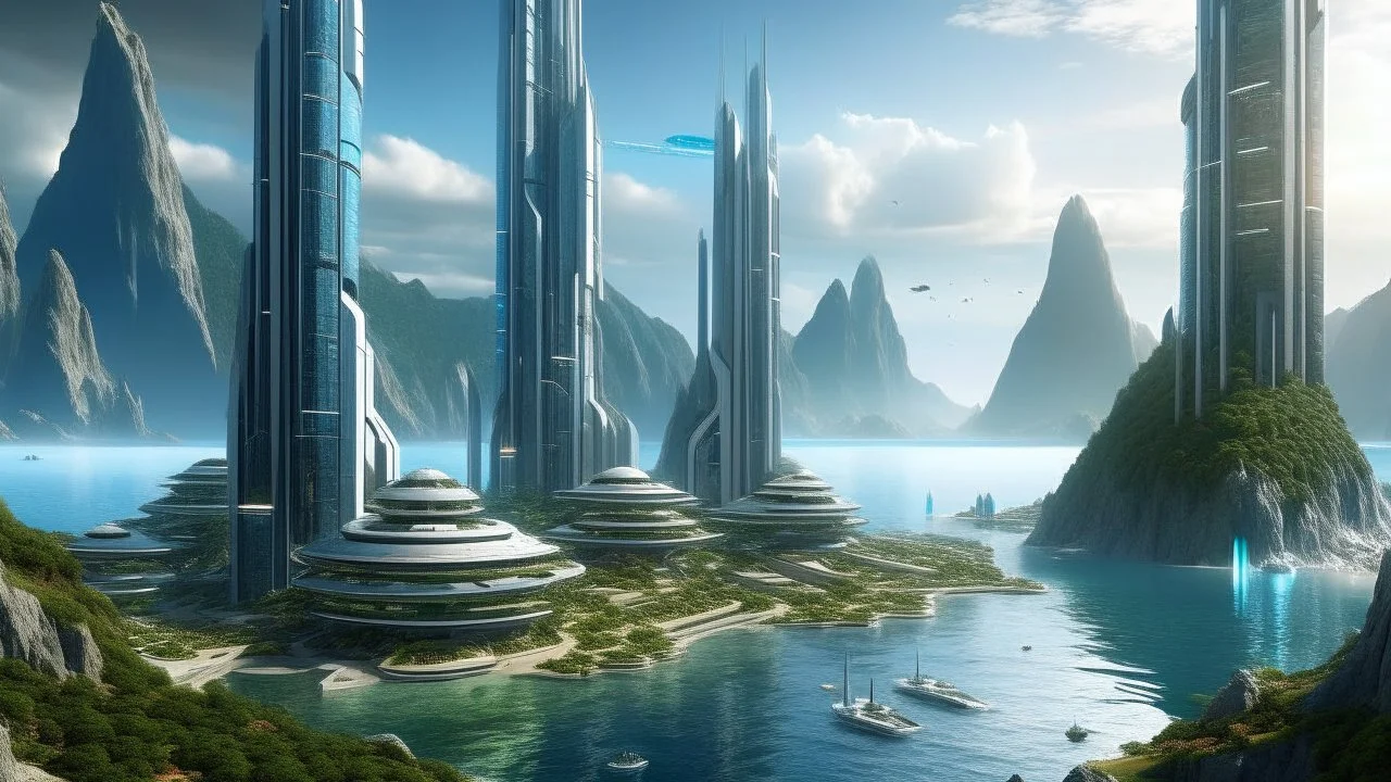 A futuristic coastal city with towering skyscrapers and high-tech architecture surrounded by lush, mountainous terrain and a rocky coastline with crashing