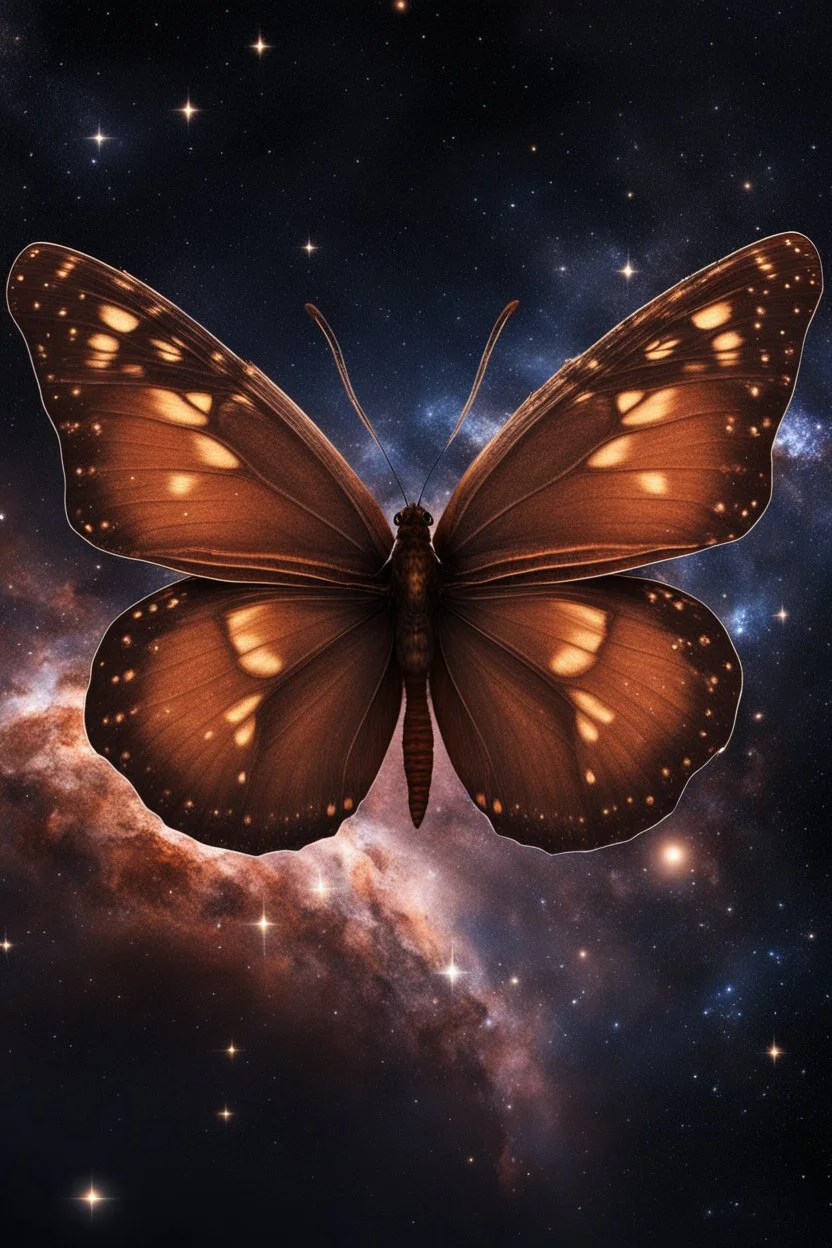 A luminous brown butterfly in a galaxy in space