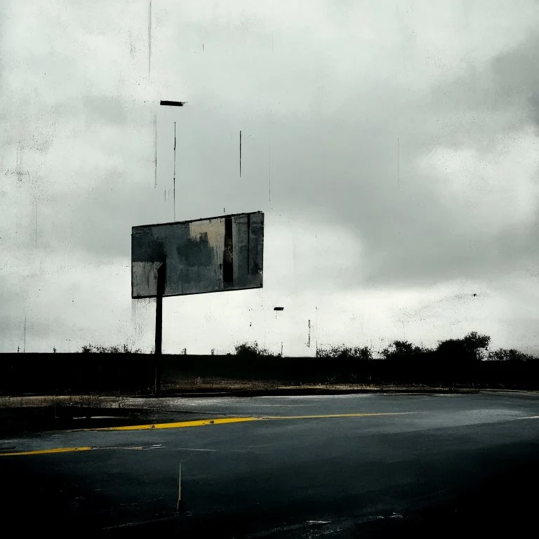 Minimal contemporary abstract oil paintings of desolate 1960s carpark with road markings and concrete fragments. Overlay with grungy typography graphics. style of Justin Mortimer and Francis Bacon.