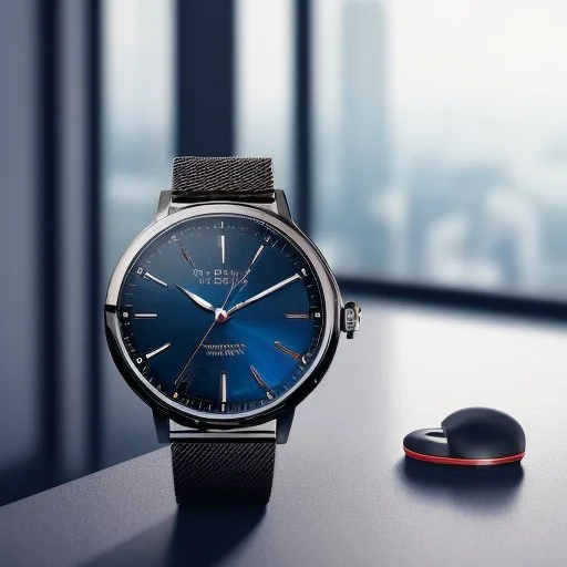 very close up of a very big luxury wrist watch with dark mirror glass stands on table in balcony skyscraper and reflects modern city environment image , to the camera ,centered.