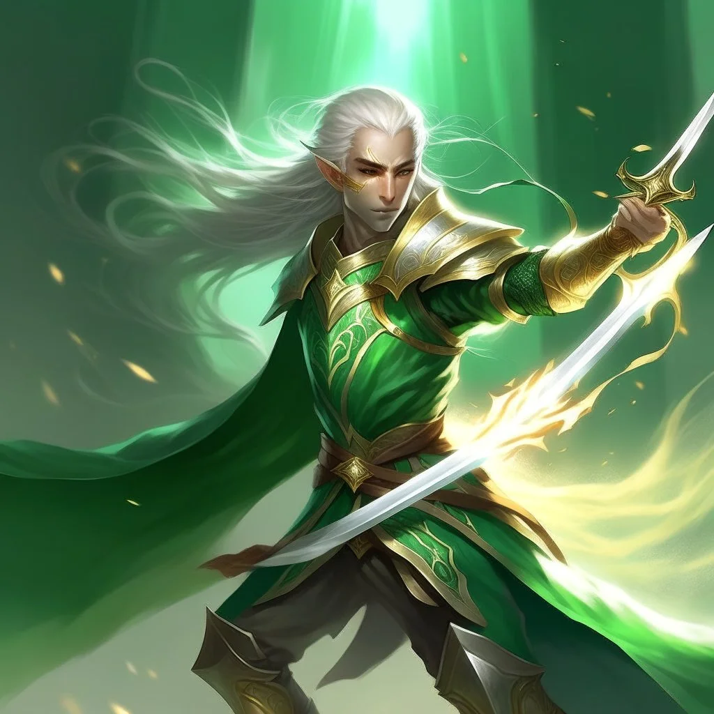 An elven warrior with a brilliant sword gleaming like the sun. he wears emerald green armor, trimmed in gold. His long white hair is tied up to stay out his way. he moves like lightning with his blade